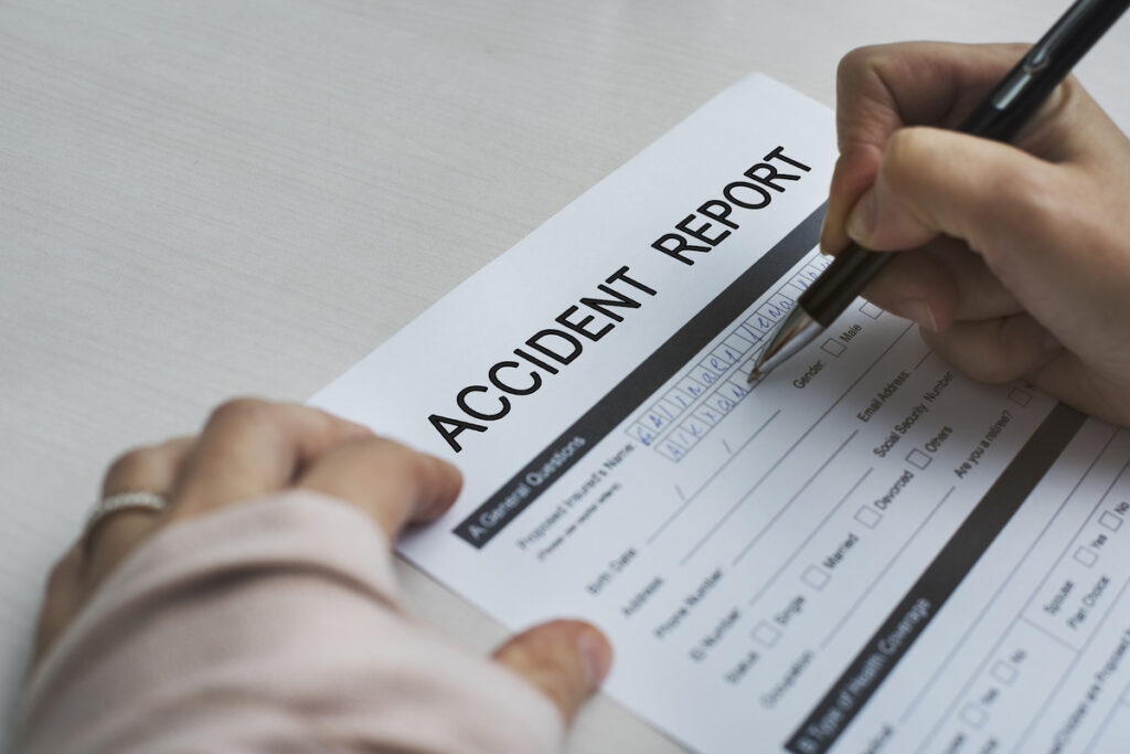 A accident report outlines details of the incident, including causes and actions to take after a slip and fall accident