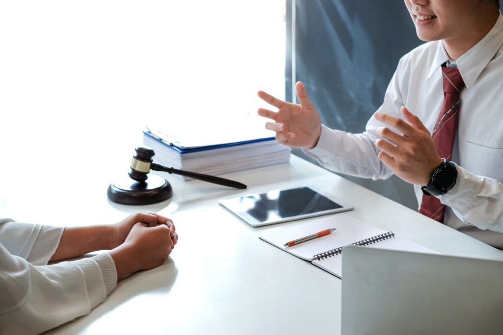 A lawyer advises a client in court regarding alimony obligations for children
