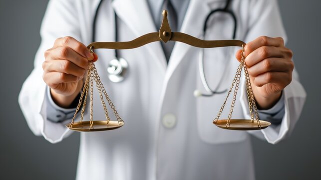 a doctor holding a balancing scales of justice